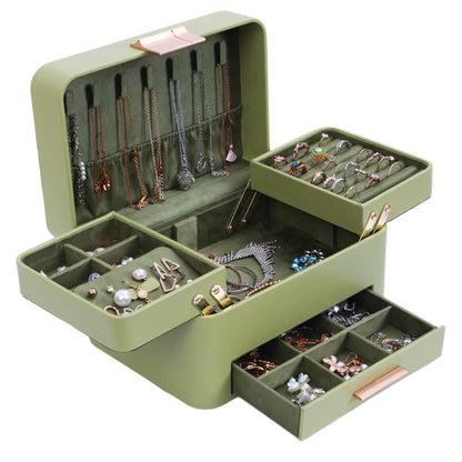 KAMIER Jewelry Box, 3 Layers Jewelry Organizer with Drawers, PU Leather Jewelry Storage Organizer for Earring, Ring, Necklace, Bracelets, Christmas Gift, Bluish Grey