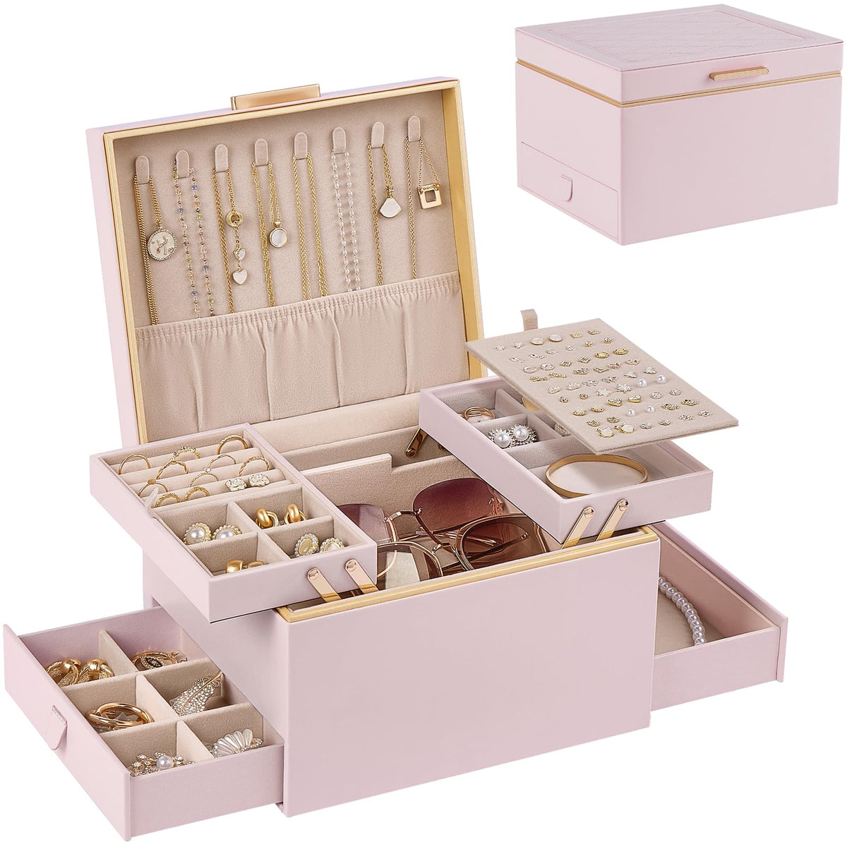 Lolalet Jewelry Box for Women Girls, 2 Layer Jewelry Organizer -Cream