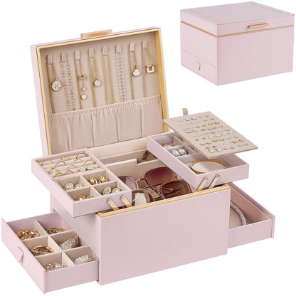 Lolalet Jewelry Box for Women Girls, 2 Layer Jewelry Organizer -Cream