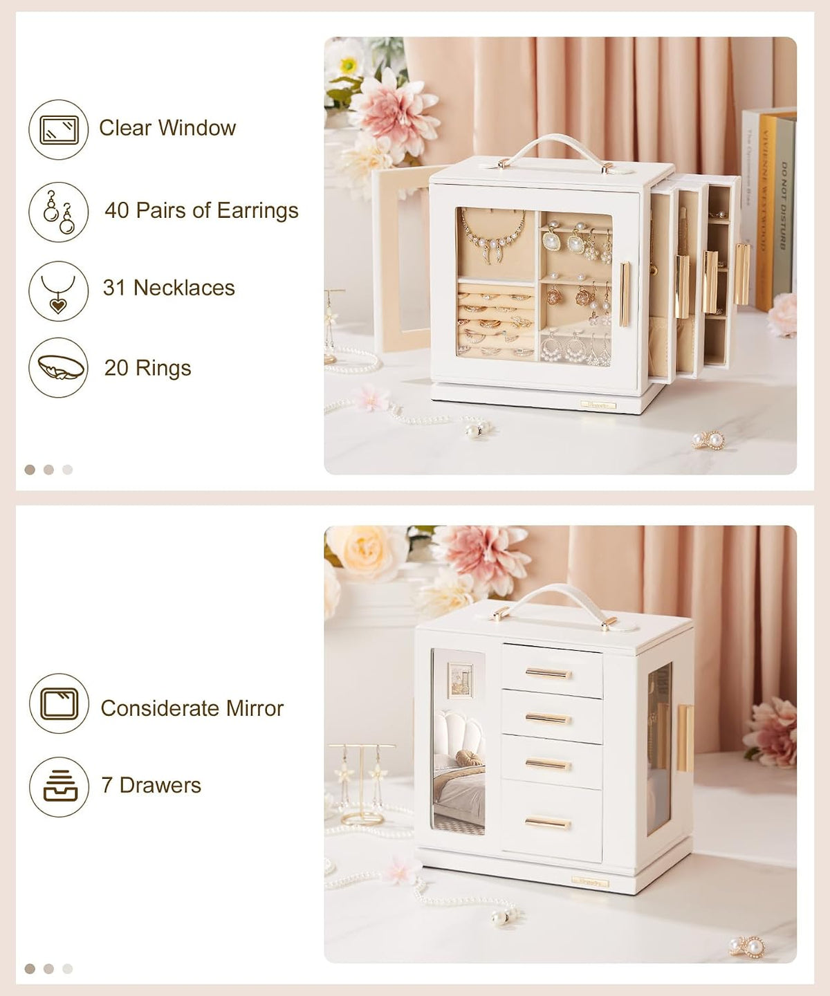 Homde Rotating Jewelry Box for Women: 7-Drawer Organizer with Clear Window