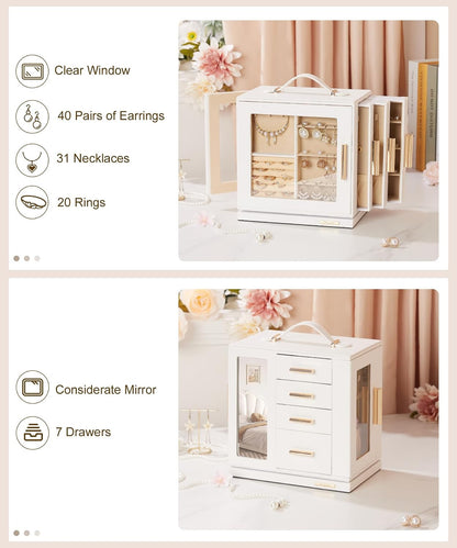 Homde Rotating Jewelry Box for Women: 7-Drawer Organizer with Clear Window