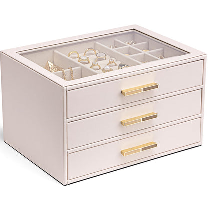 VLANDO Jewelry Box Organizer, 3-Layer Storage Drawers, Glass Window, Modern
