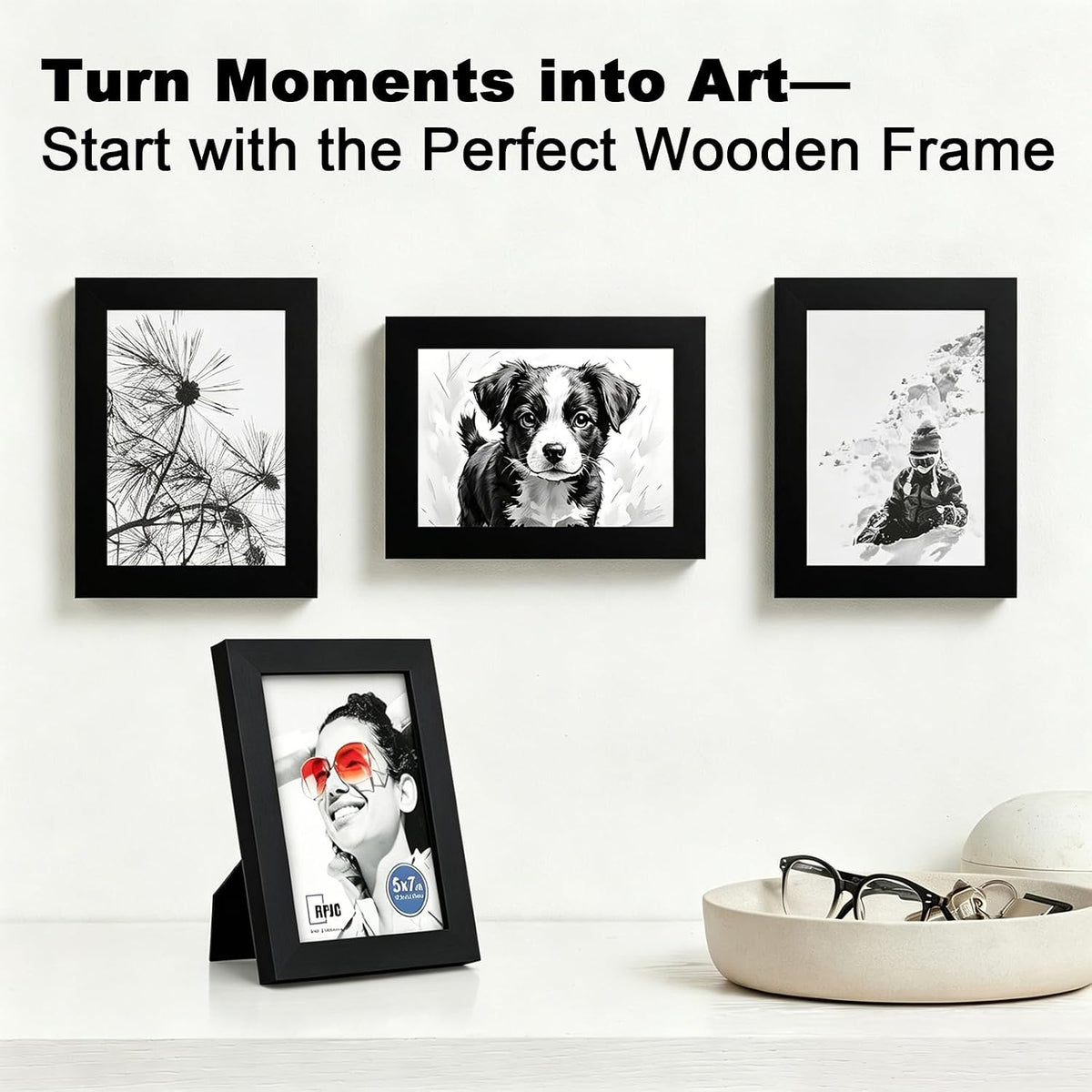 RPJC 5x7 Solid Wood Picture Frame with Real Glass Cover Black