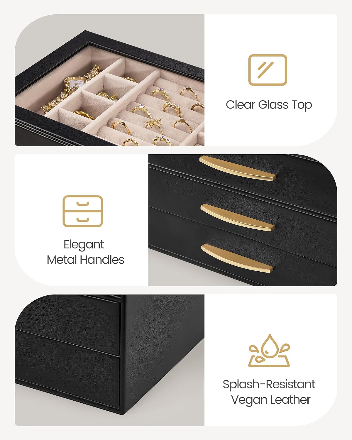Lolalet Jewelry Box Organizer Case with Glass Lid for Women -4Layer, Black