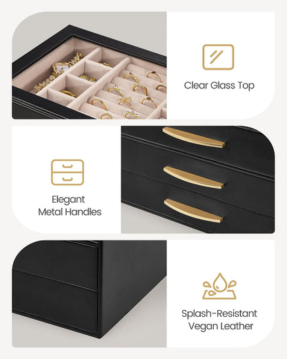 Lolalet Jewelry Box Organizer Case with Glass Lid for Women -4Layer, Black