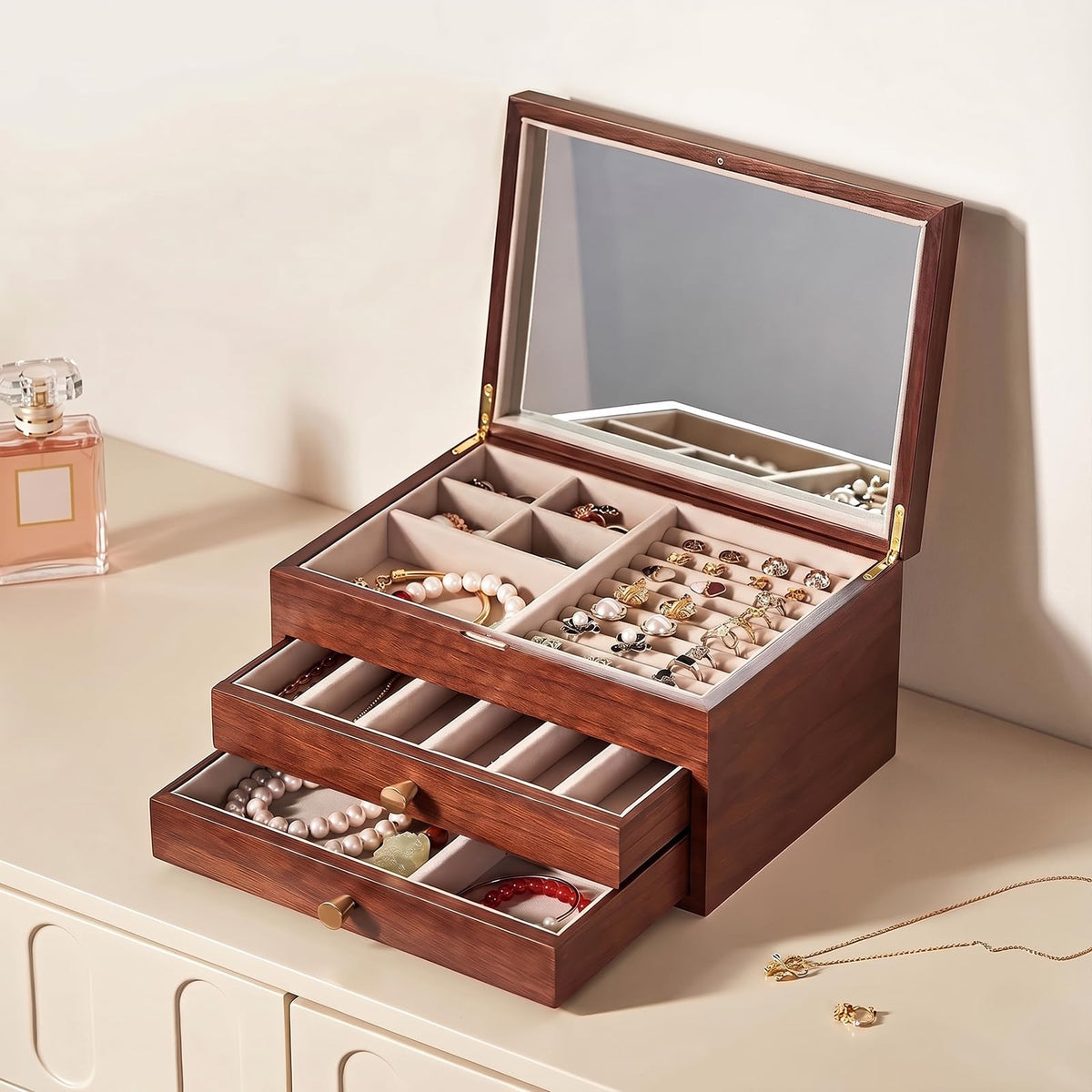 Black Walnut Wooden Women Jewelry Box with Glass Lid, 4 Layer