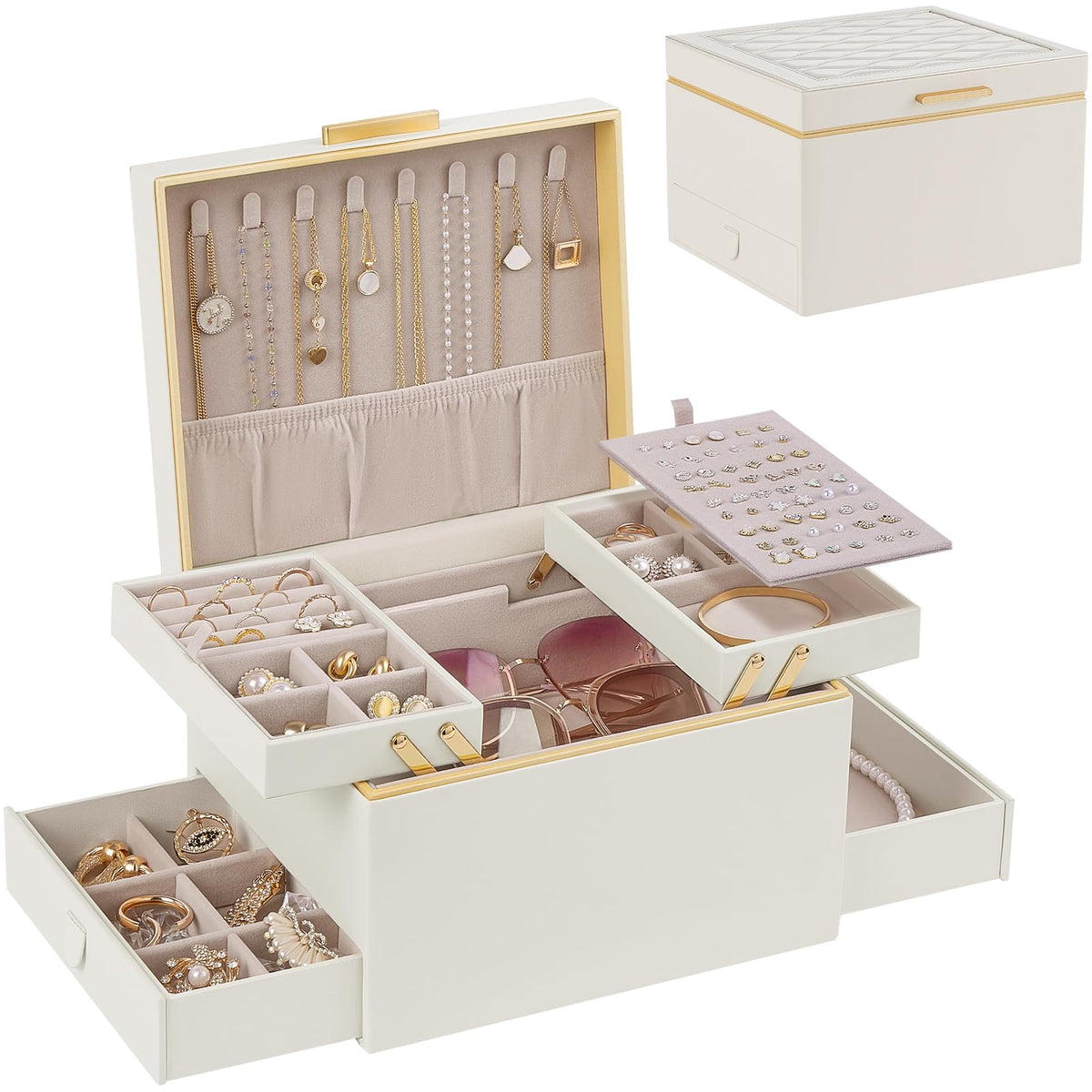 Lolalet Jewelry Box for Women Girls, 2 Layer Jewelry Organizer -Cream