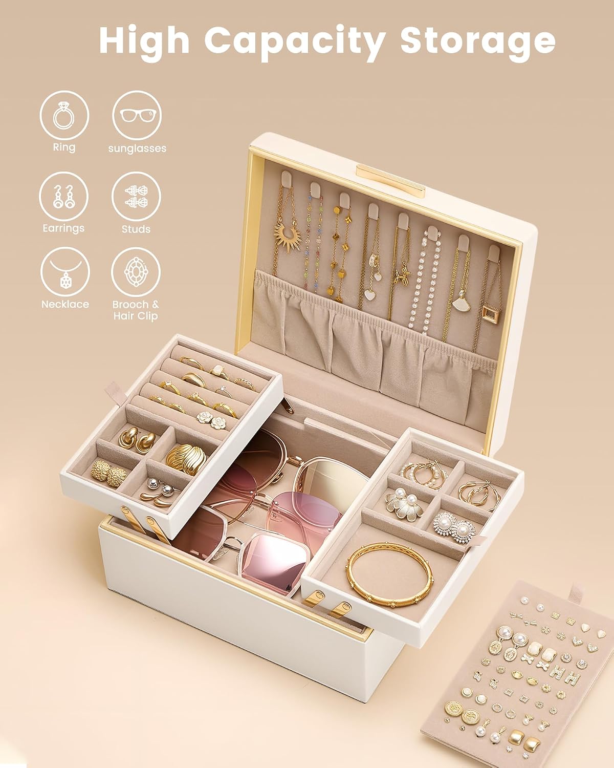 Lolalet Jewelry Box for Women Girls, 2 Layer Jewelry Organizer -Cream