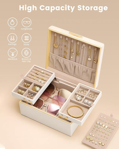 Lolalet Jewelry Box for Women Girls, 2 Layer Jewelry Organizer -Cream