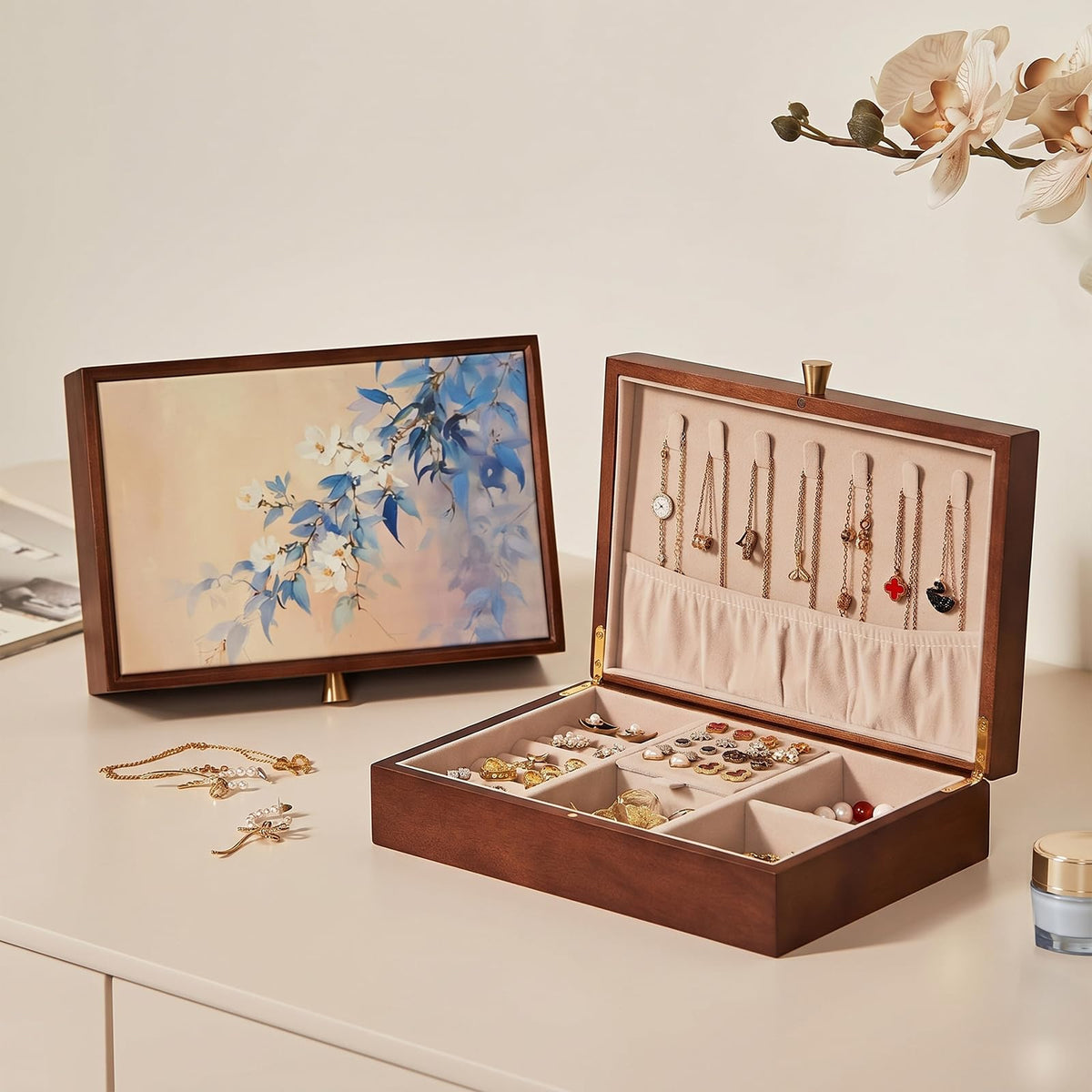 Black Walnut Wooden Women Jewelry Box with Glass Lid, 3 Layer