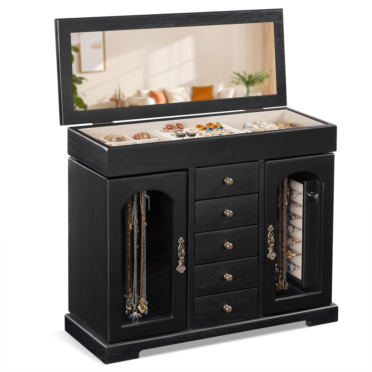 Miratino Jewelry Box for Women Girls, Rustic Wooden Jewelry Organizer Box with Mirror, 5 Layer Jewelry Storage Case Display for Necklaces Earrings Rings Bracelets Valentine's Day Gifts