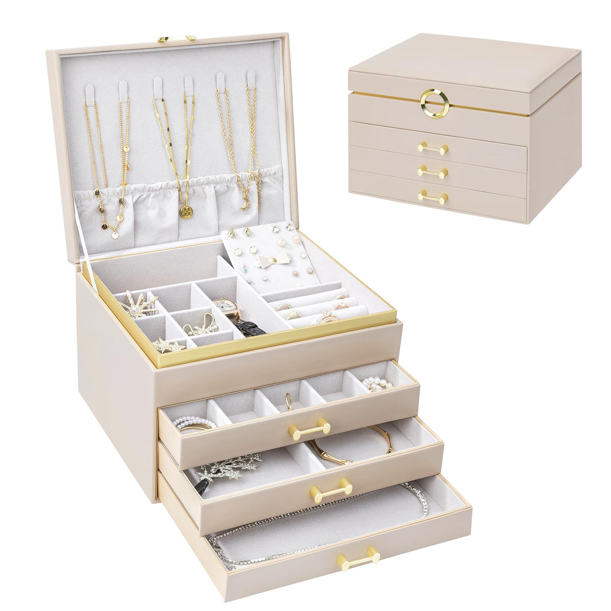 Jewelry Storage Box for 150+ Items - Features a Mirror, Smooth Gliding Drawers, and Non-Slip Earring Pads for Maximum Organization White