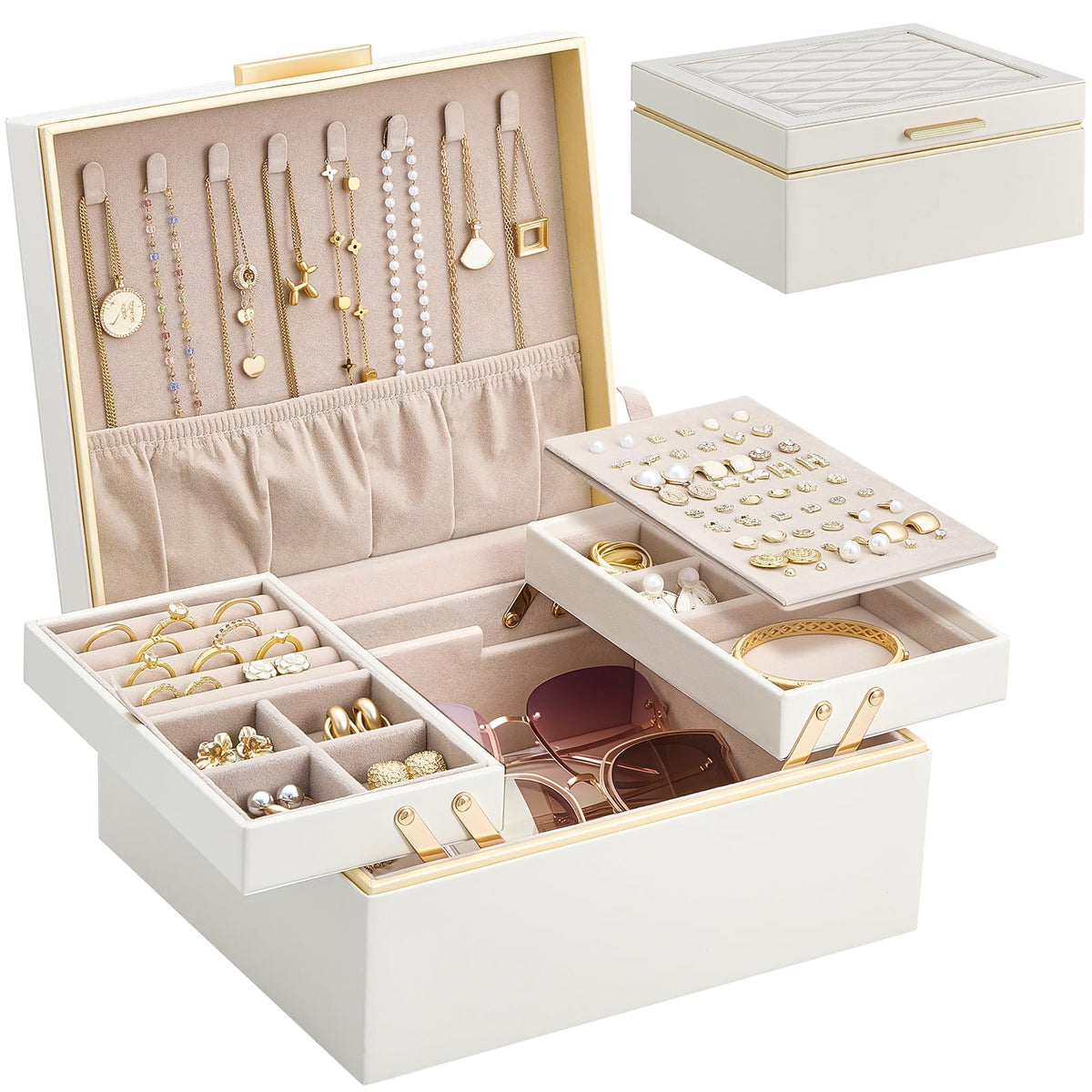 Lolalet Jewelry Box for Women Girls, 2 Layer Jewelry Organizer -Cream