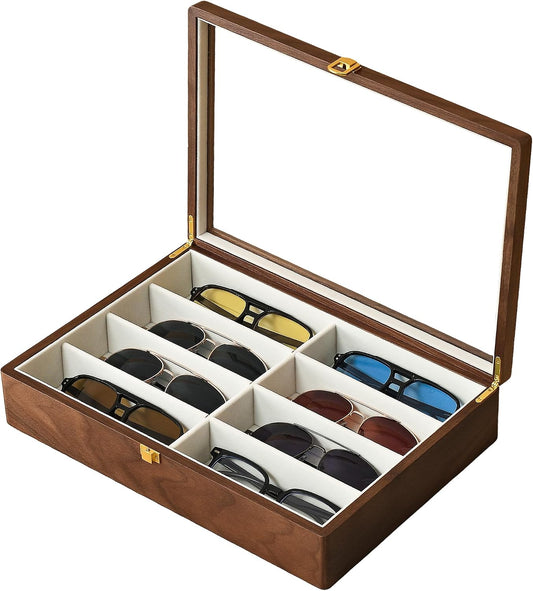 Black Walnut Sunglasses Organizer, 8 Slot Wooden Eyeglass Case for Men