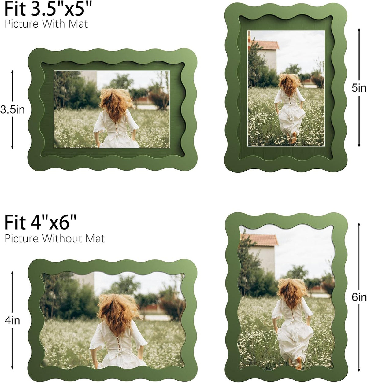 4x6 Picture Frame with Mat for 3.5x5, Wavy Edge Wooden Real Glass Photo Frame for Tabletop and Wall Hanging, Green, 1 Pack