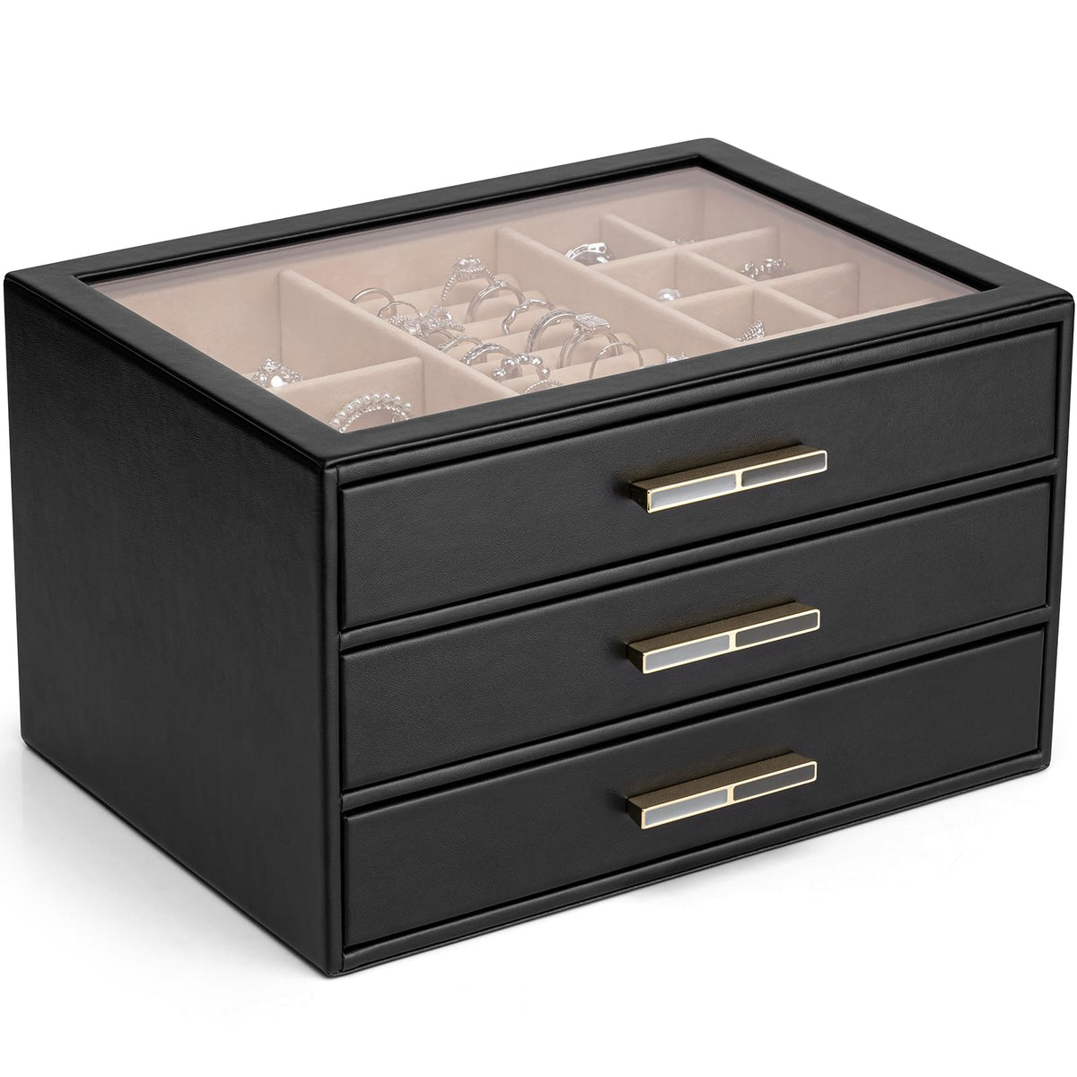 VLANDO Jewelry Box Organizer, 3-Layer Storage Drawers, Glass Window, Modern
