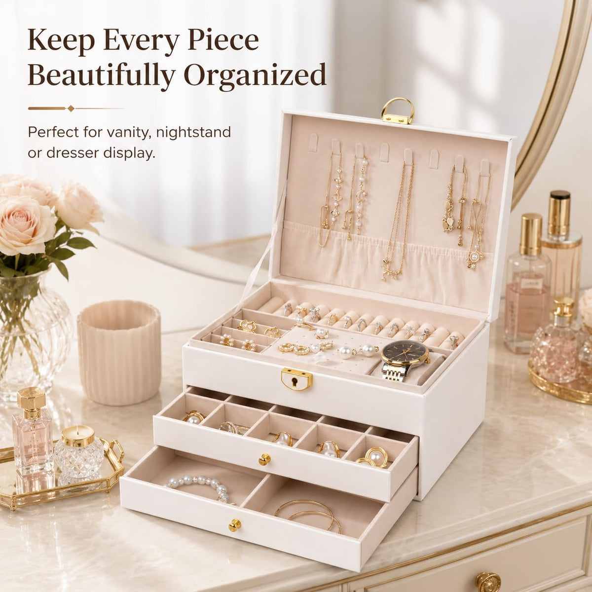 Jewelry Boxes for Women Girl Large PU Leather Jewelry Organizer Box with Lock Jewelry Organizers and Storage Case with Two drawers Display for Earrings Bracelets Rings Watches