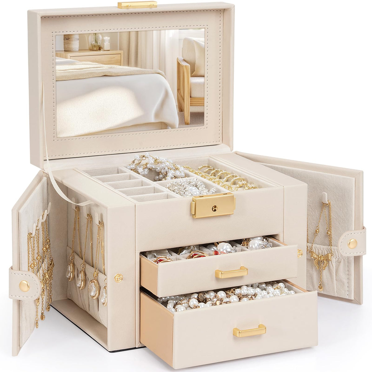 TORIBIO Jewelry Box for Women, Leather Jewelry Organizer with Mirror & Lock, 3-Tier Jewelry Storage Organizer with 2 Drawers for Girls/Women/Mothers, Necklace Earring Bracelets Holder Organizer