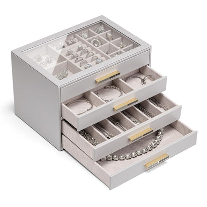 Vlando 4-Drawer Jewelry Box Organizer with Glass Lid, White
