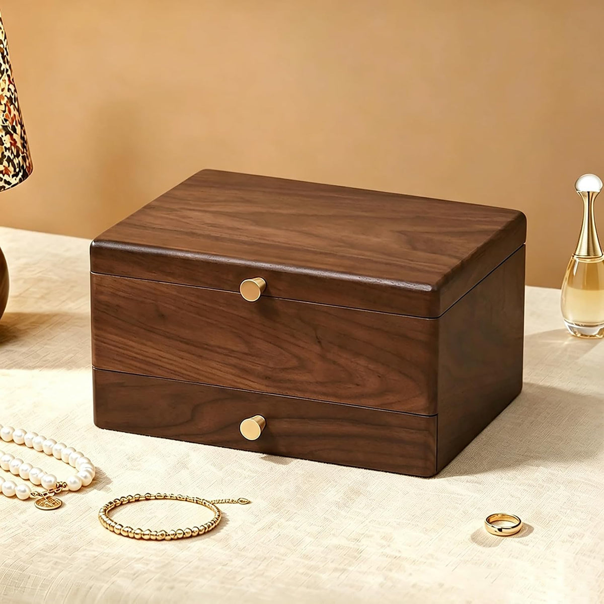 Black Walnut Wooden Jewelry Box for Women, 3 Layer Organizer with Drawer