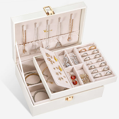 Voova 2 Layer Jewelry Box Organizer with Removable Tray, Vintage Gift, Apricot