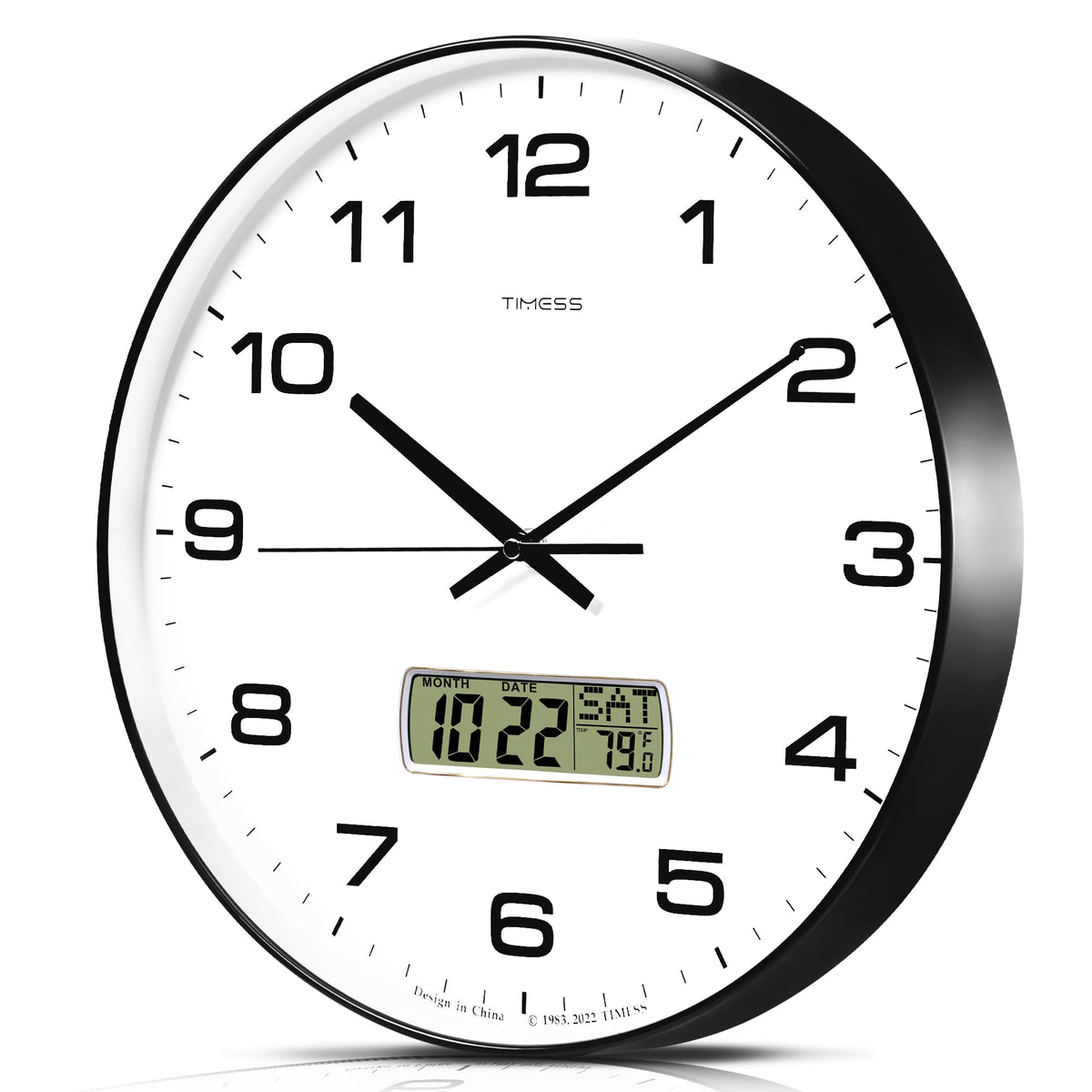 TIMESS 12-Inch Non-Ticking Analog Wall Clock with LCD Display, Blue