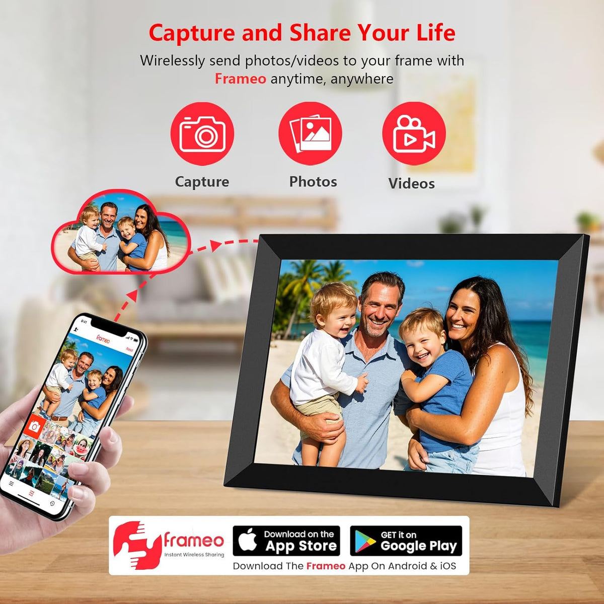 Frameo 10.1 Inch WiFi Digital Photo Frame, 32GB Digital Picture Frame with 1280x800 IPS HD Touch Screen, Auto-Rotate Wall Mount, Easy Share Photos/Videos from Phone - Gifts for Mom