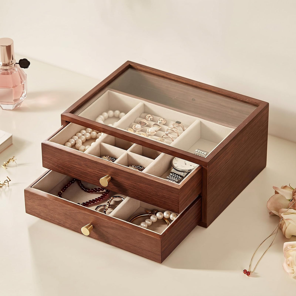 Black Walnut Wooden Women Jewelry Box with Glass Lid, 3 Layer