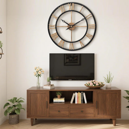 30 Inch Metal Large Wall Clock with Vintage Gold Roman Numerals