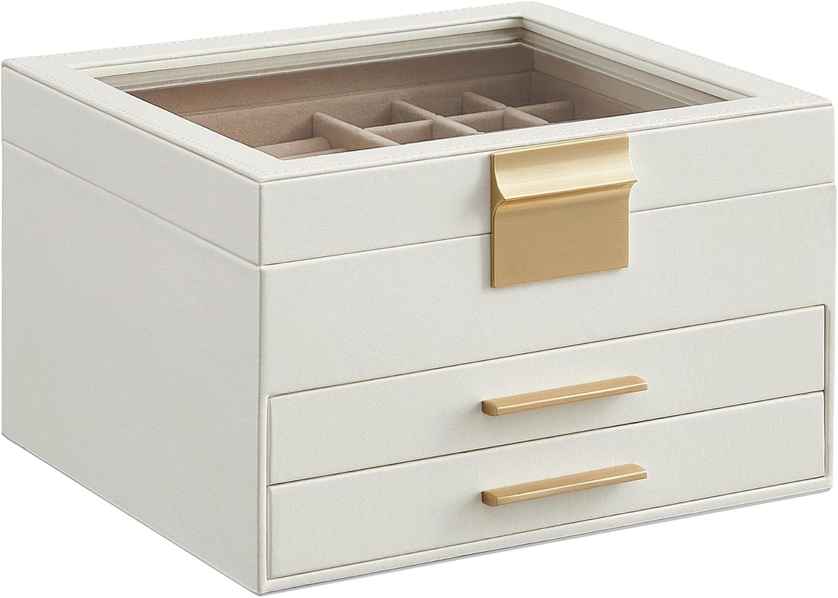 SONGMICS Jewelry Box Organizer, 3-Layer Storage with 2 Drawers, Glass Lid