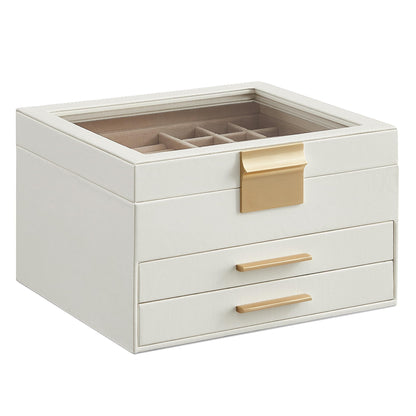 SONGMICS Jewelry Box Organizer, 3-Layer Storage with 2 Drawers, Glass Lid