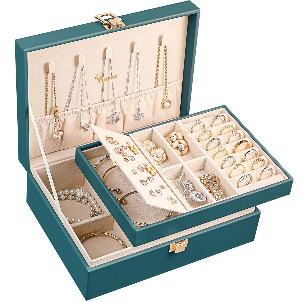 Voova 2 Layer Jewelry Box Organizer with Removable Tray, Vintage Gift, Apricot