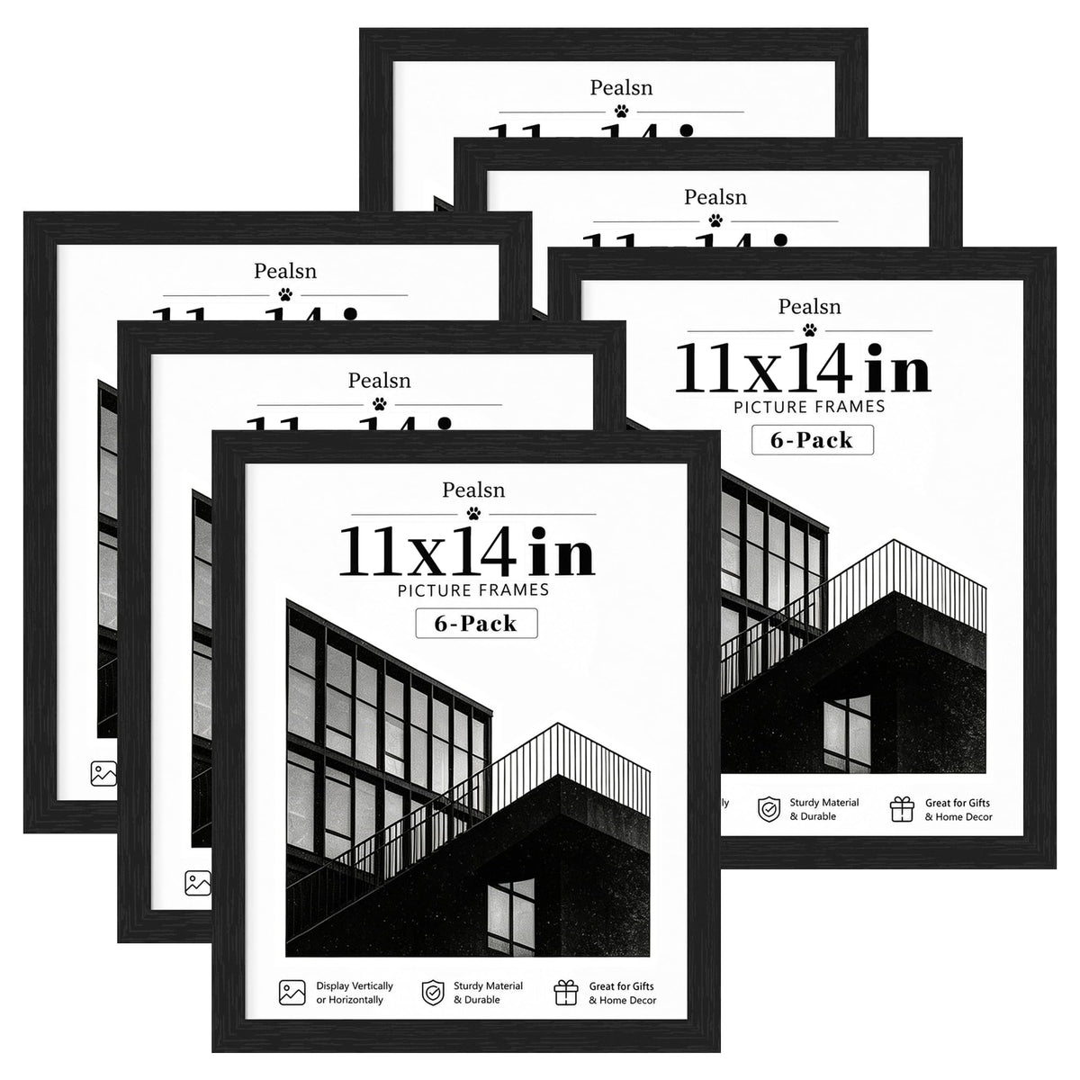 PEALSN 8x10 Picture Frame Set of 6, Wall or Tabletop, Black Woodgrain