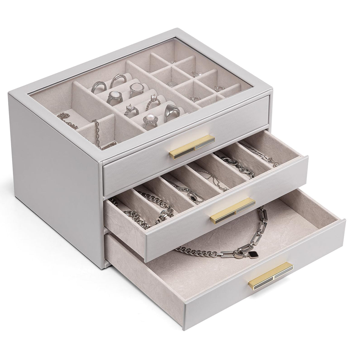 Vlando 4-Drawer Jewelry Box Organizer with Glass Lid, White