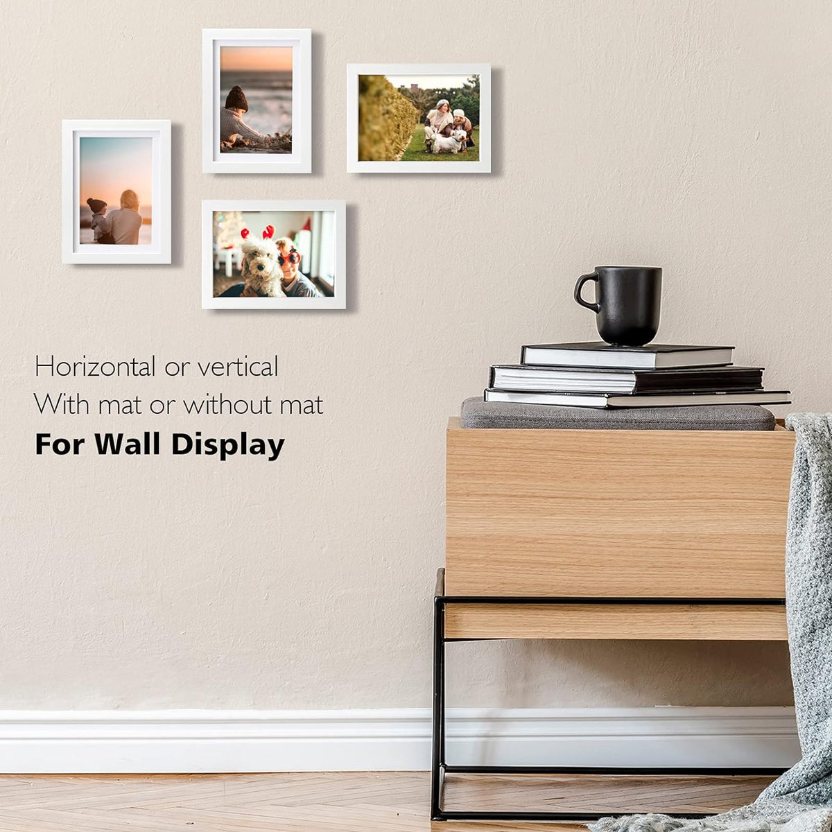 KINLINK 5x7 Picture Frame White Set of 4, Wooden Photo Frames Matted 4x6 with Plexiglass for 4x6 with Mat or 5x7 without Mat for Table and Wall Display