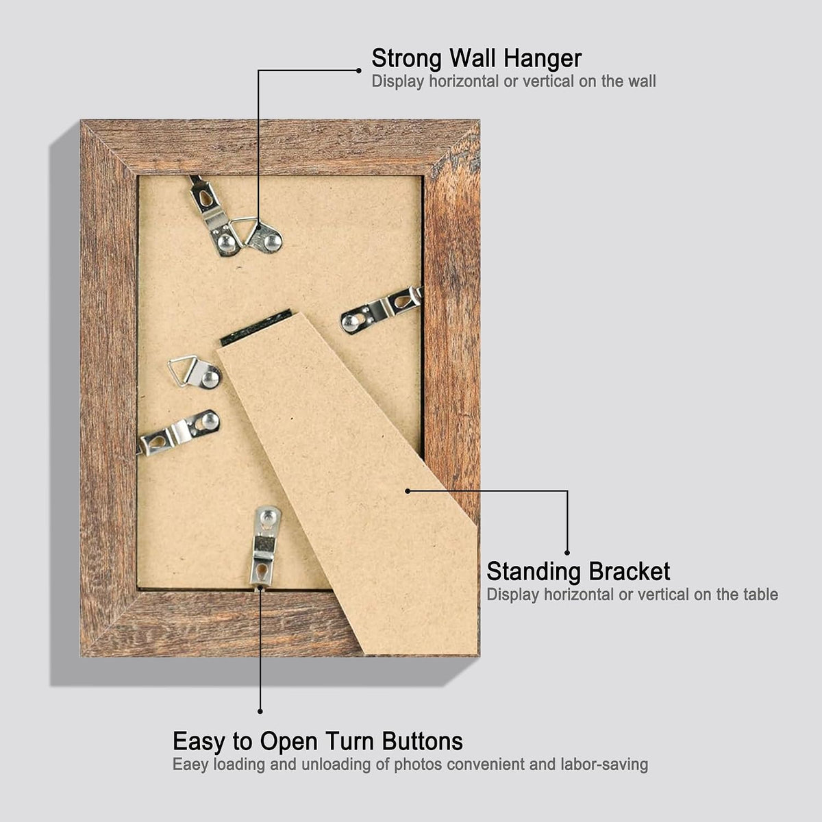 iRahmen 5x7 Picture Frame Set of 4, High Definition Real Glass Rustic Brown Frame, 5 x 7 Wood Photo Frames for Tabletop Display and Wall Mounting