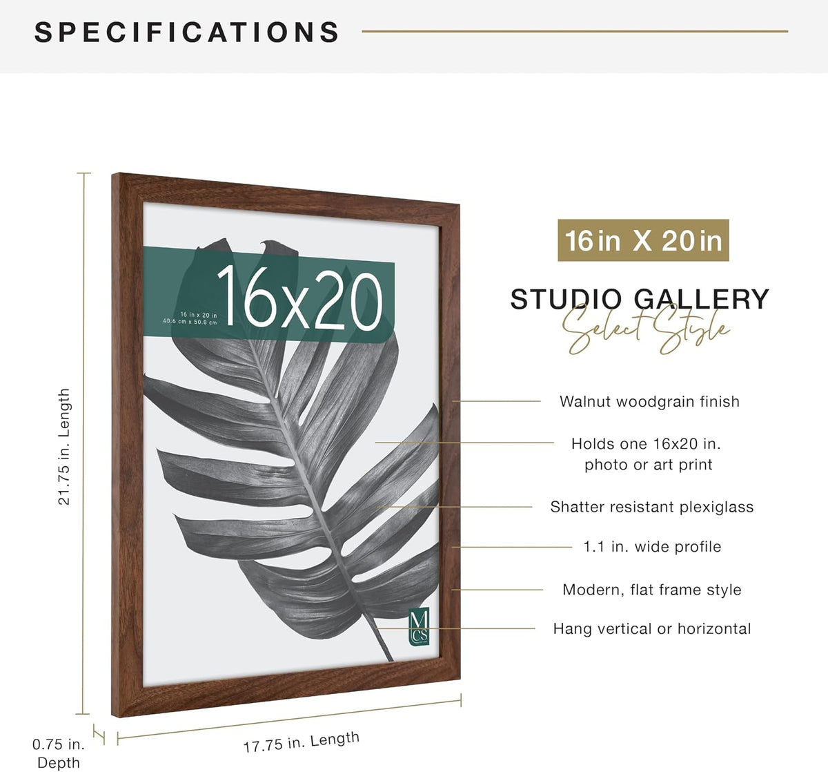 MCS Studio Gallery Poster Frame, 16x20, Walnut Woodgrain
