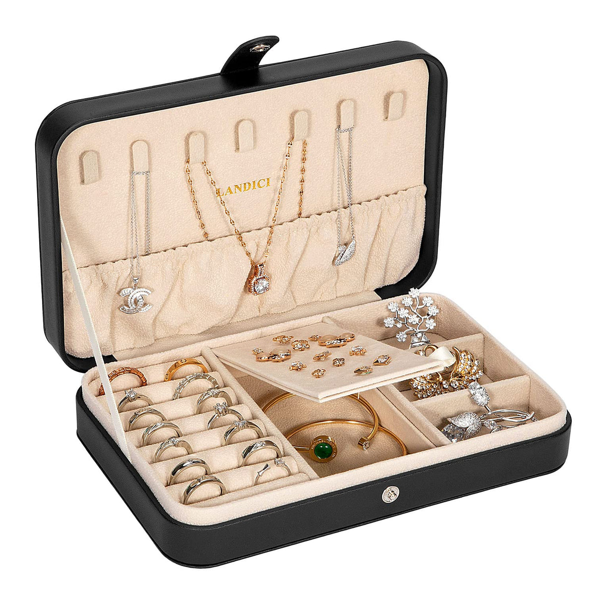LANDICI Small Jewelry Box for Women Girls, PU Leather Travel Jewelry Case, Portable Jewelry Organizer Storage Holder Display for Ring Earrings Necklace Brooch Men Kids Gift, Dark Blue