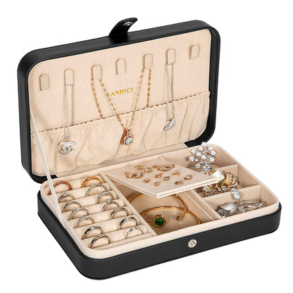 LANDICI Small Jewelry Box for Women Girls, PU Leather Travel Jewelry Case, Portable Jewelry Organizer Storage Holder Display for Ring Earrings Necklace Brooch Men Kids Gift, Dark Blue