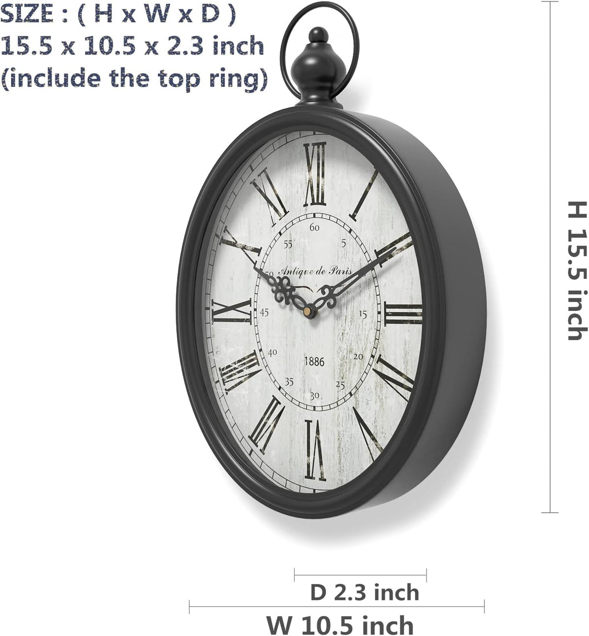Menterry Large Oval Retro Wall Clock, Rustic Vintage Style, Antique Black