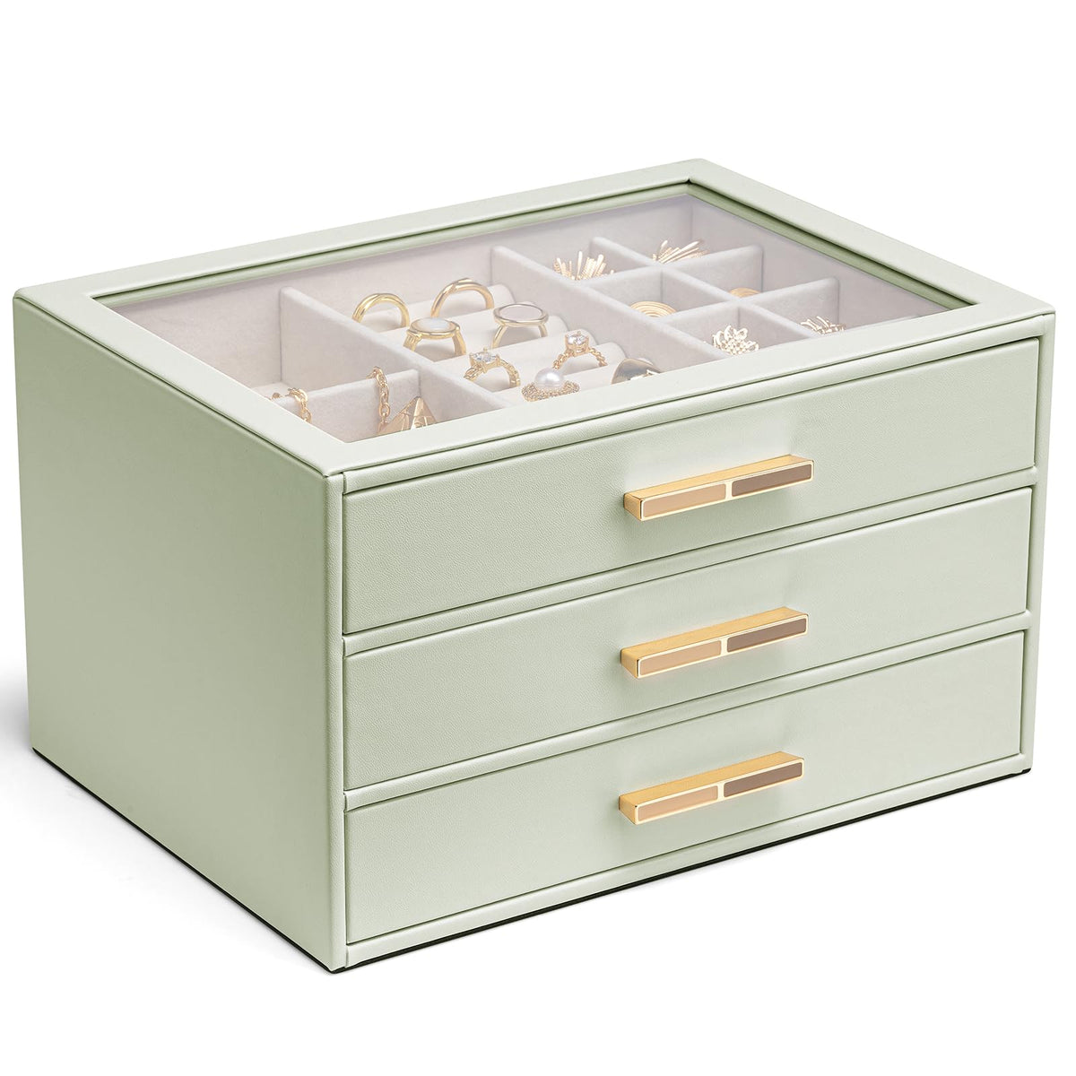 VLANDO Jewelry Box Organizer, 3-Layer Storage Drawers, Glass Window, Modern