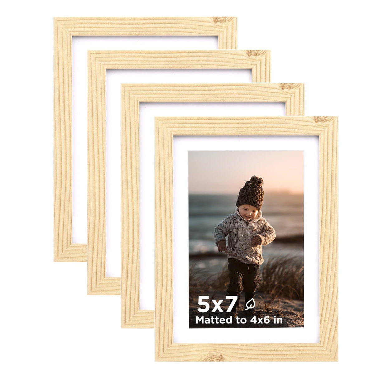 KINLINK 5x7 Picture Frame White Set of 4, Wooden Photo Frames Matted 4x6 with Plexiglass for 4x6 with Mat or 5x7 without Mat for Table and Wall Display