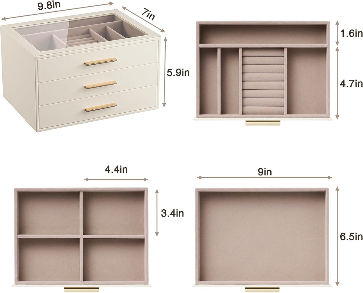 Jewelry Box Organizer Storage Case, 3-Layer with Glass Window, White
