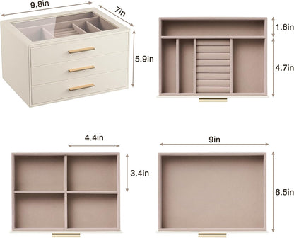 Jewelry Box Organizer Storage Case, 3-Layer with Glass Window, White