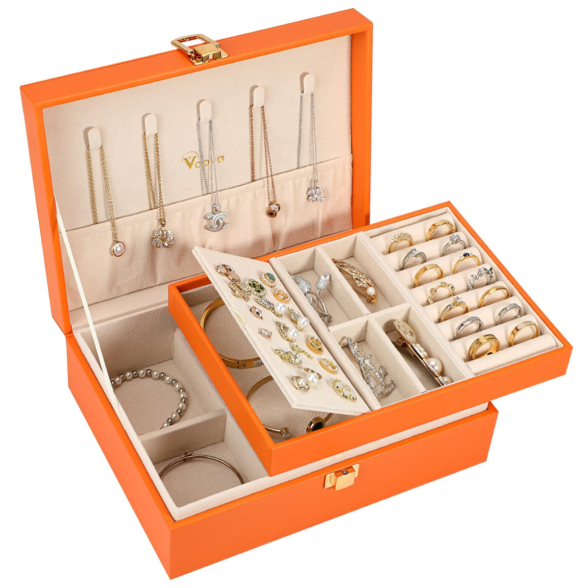 Voova 2 Layer Jewelry Box Organizer with Removable Tray, Vintage Gift, Apricot