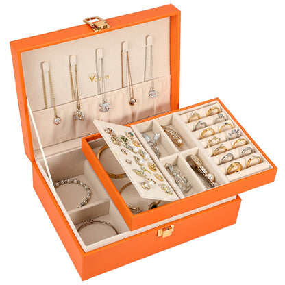 Voova 2 Layer Jewelry Box Organizer with Removable Tray, Vintage Gift, Apricot