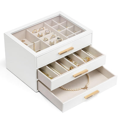 Vlando 4-Drawer Jewelry Box Organizer with Glass Lid, White