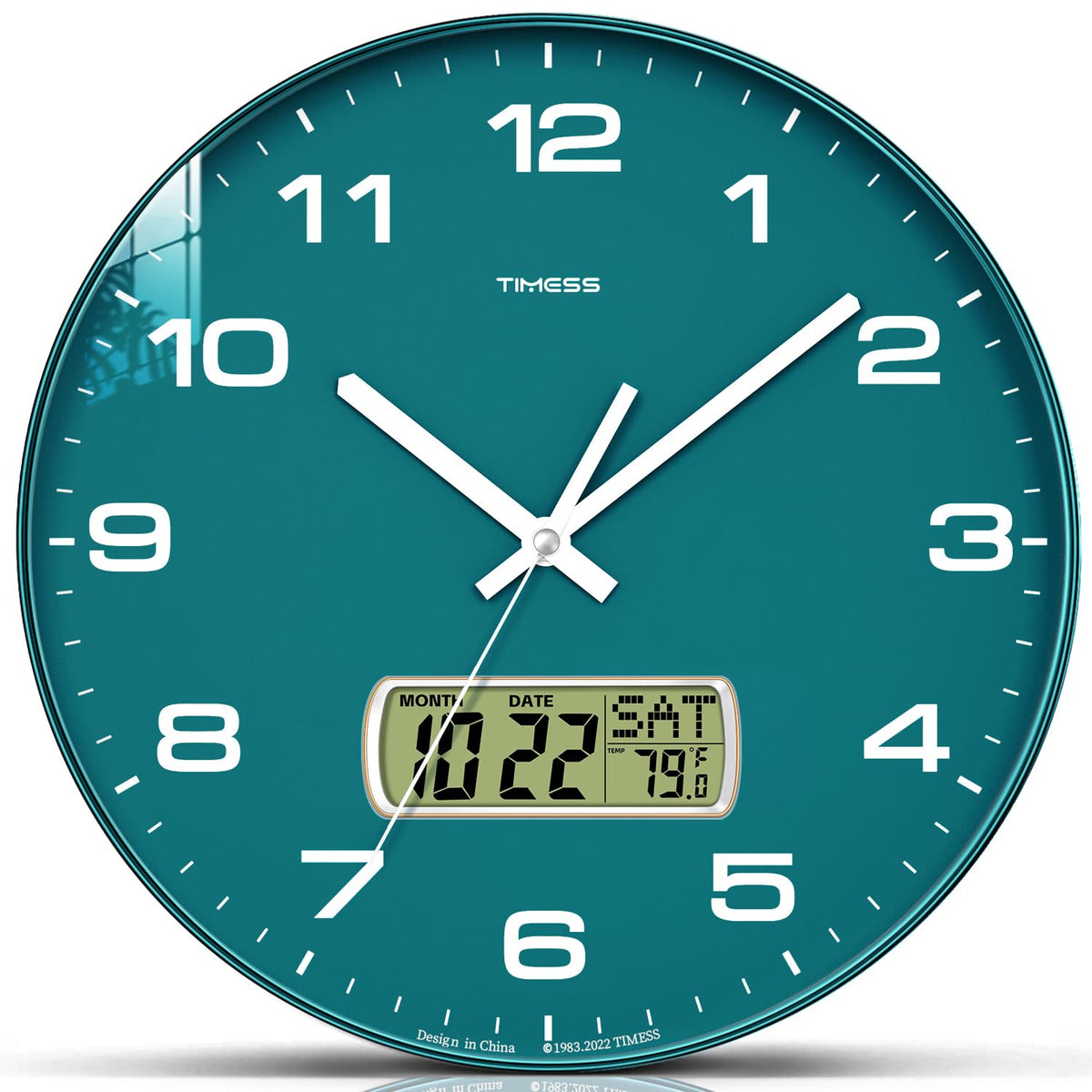 TIMESS 12-Inch Non-Ticking Analog Wall Clock with LCD Display, Blue