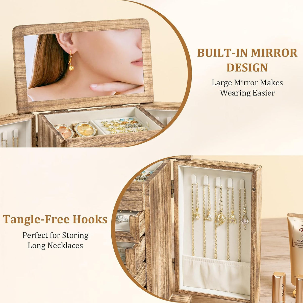 Jewelry Box for Women，Wooden Jewelry Box with 4 Clear Drawers Rustic Brown