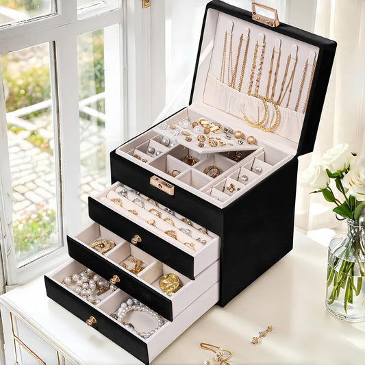 Leather Jewelry Box with Lock for Women, 4-Tier 3-Drawer Jewelry Organizer